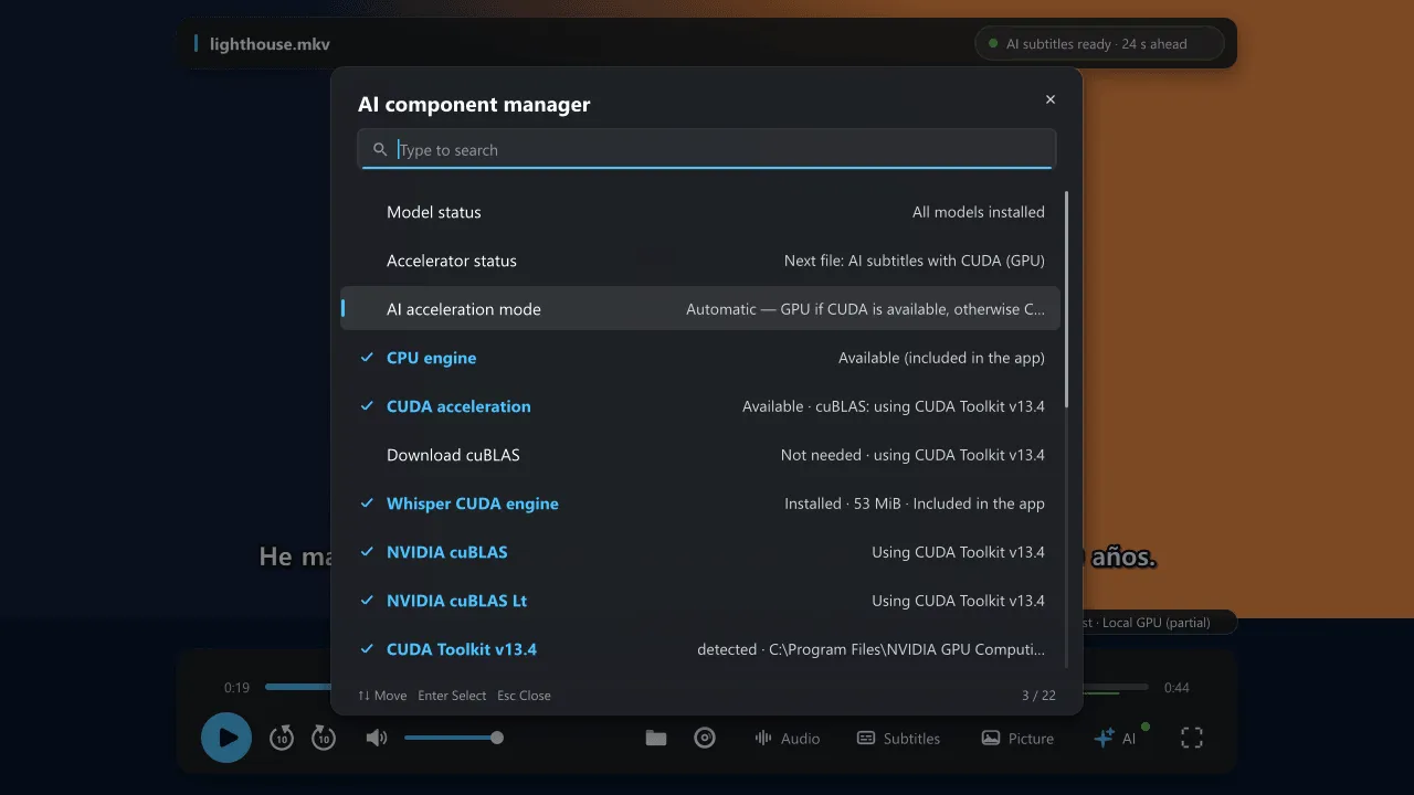 The AI component manager listing model status, accelerator status, acceleration mode, the CPU engine, CUDA acceleration and the NVIDIA cuBLAS components.