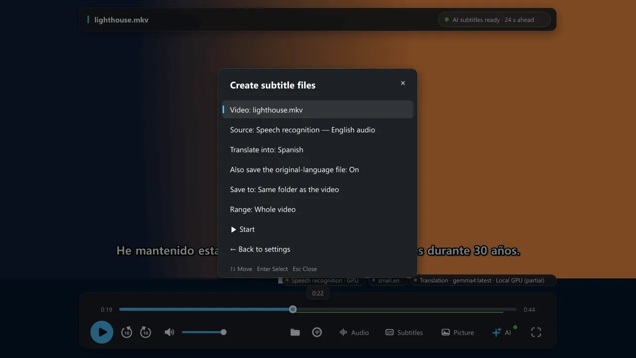 The Create subtitle files window with the video, source, translate-into language, original-language file option, save location, range and a Start button.