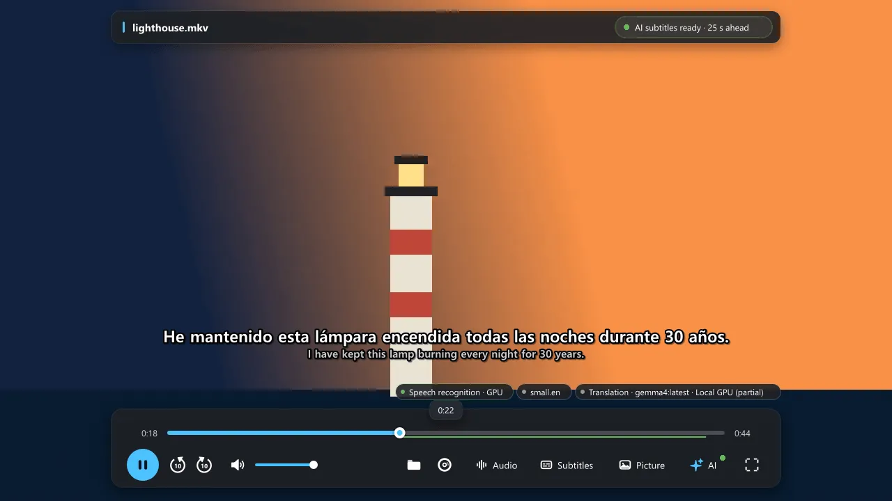 NanumPlayer playing an English test clip. Above the bottom playback bar, an AI Spanish translation, 'He mantenido esta lámpara encendida todas las noches durante 30 años', appears over the original English line, 'I have kept this lamp burning every night for 30 years.' The status chips show speech recognition on the GPU and the translation model.