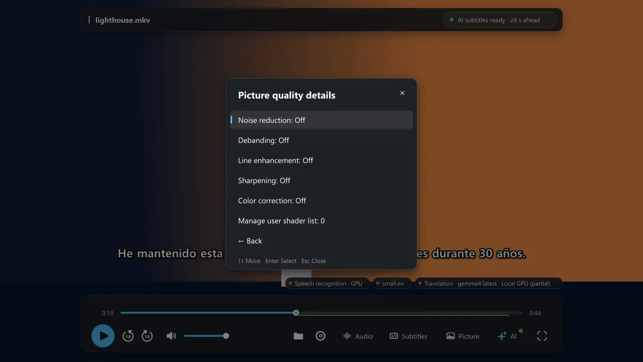 The Picture quality details window listing Noise reduction, Debanding, Line enhancement, Sharpening and Color correction, each set to Off, and the user shader list.