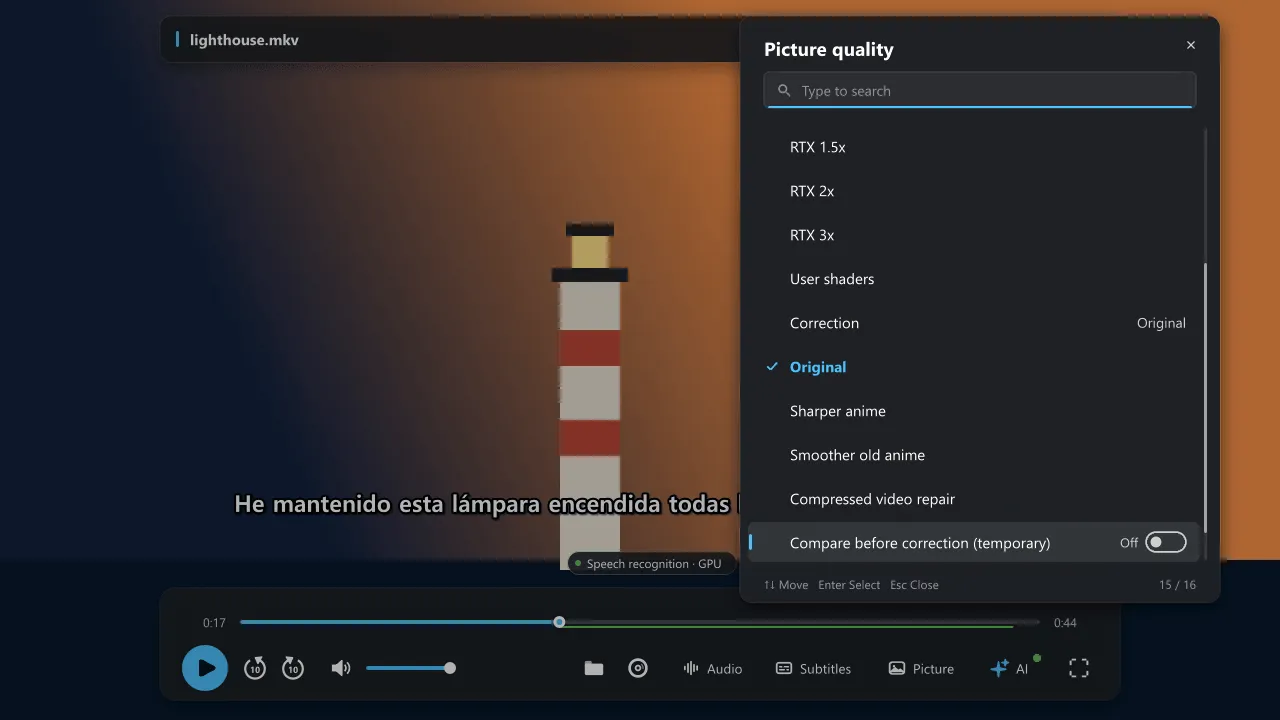 The Picture quality menu scrolled to the Correction section, listing the Original, Sharper anime, Smoother old anime and Compressed video repair presets and the Compare before correction switch.