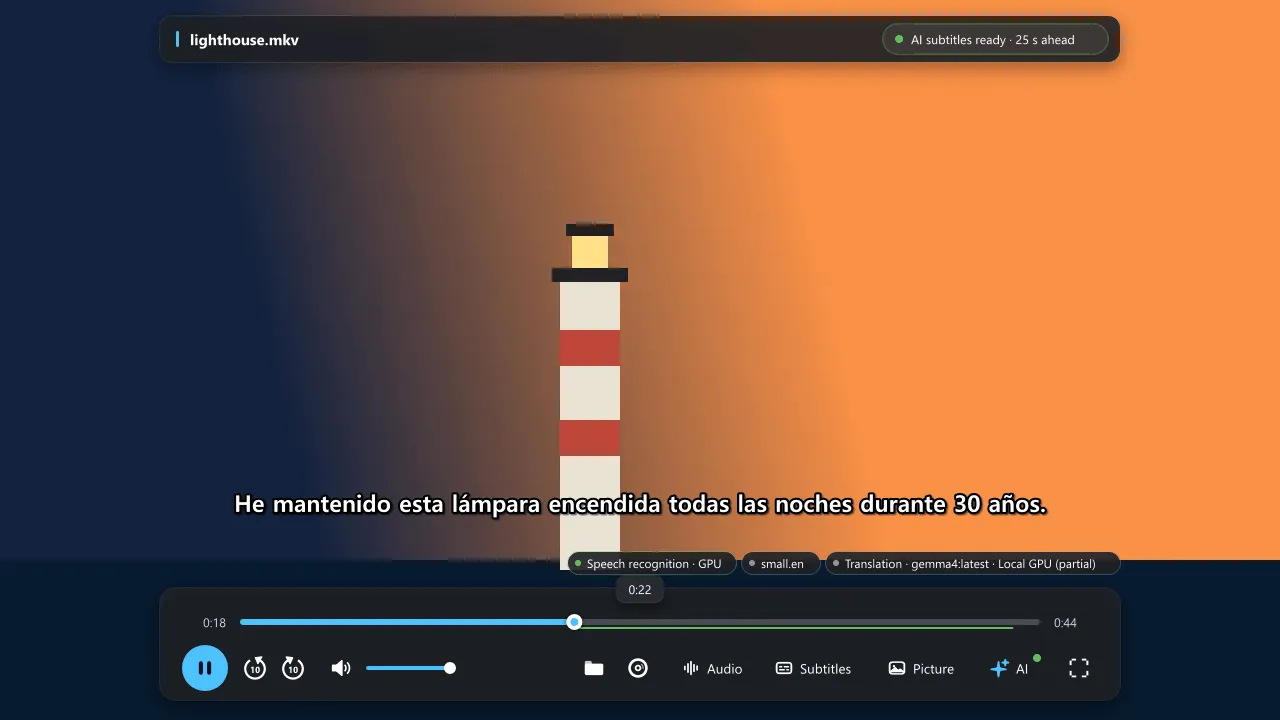 NanumPlayer's playback bar with status chips for speech recognition on the GPU, the large-v3-turbo model and the local translation model, over a lighthouse scene.
