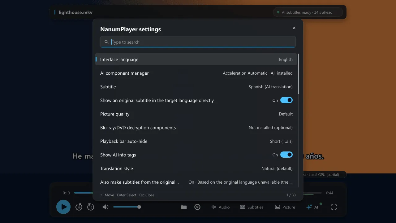 The NanumPlayer settings menu opened with Ctrl+N, listing interface language, AI component manager, subtitle, upscaling, picture quality and translation style.