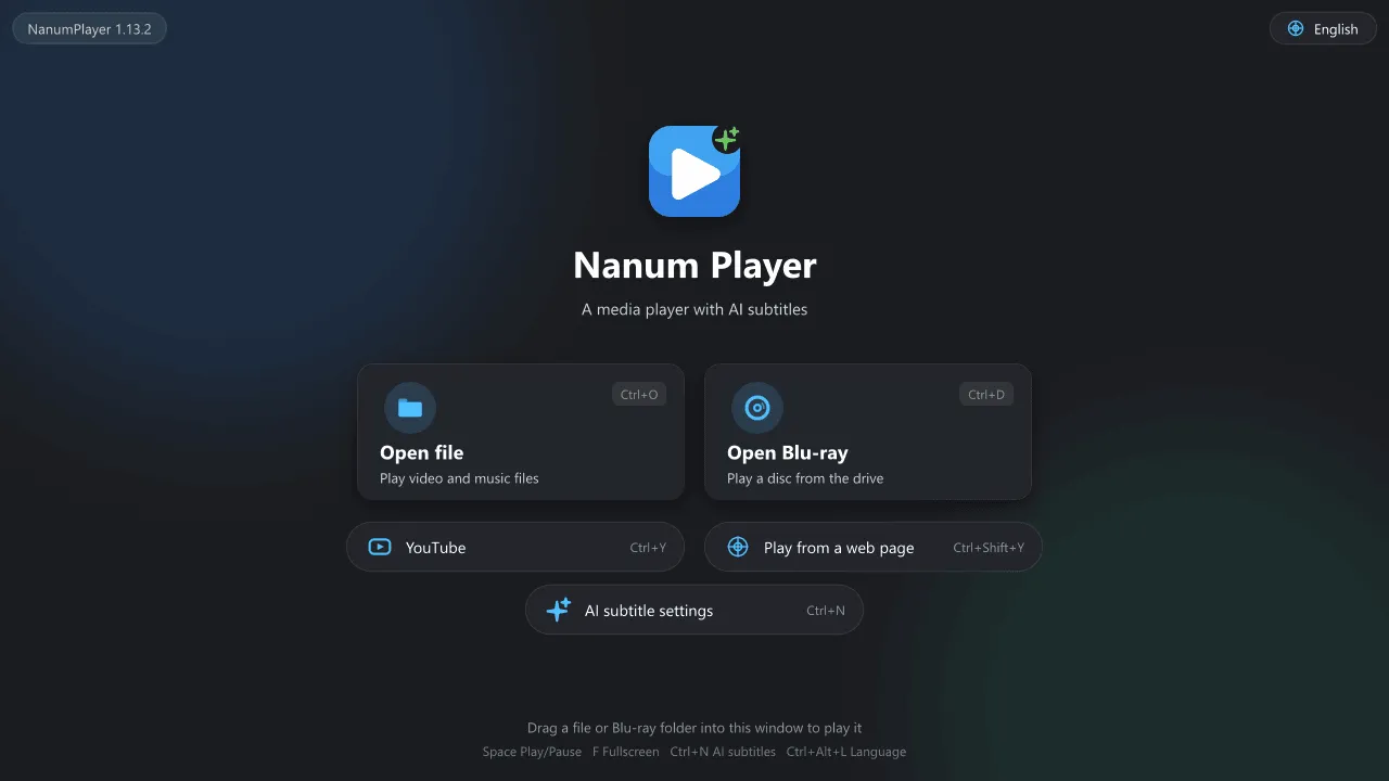 The NanumPlayer start screen with buttons for Open file, Open Blu-ray, YouTube, Play from a web page and AI subtitle settings.