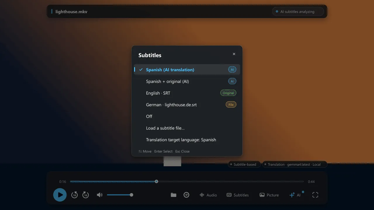 The Subtitles list with entries for AI translation, translation plus original, the original-language recognition track, Off and Load a subtitle file.