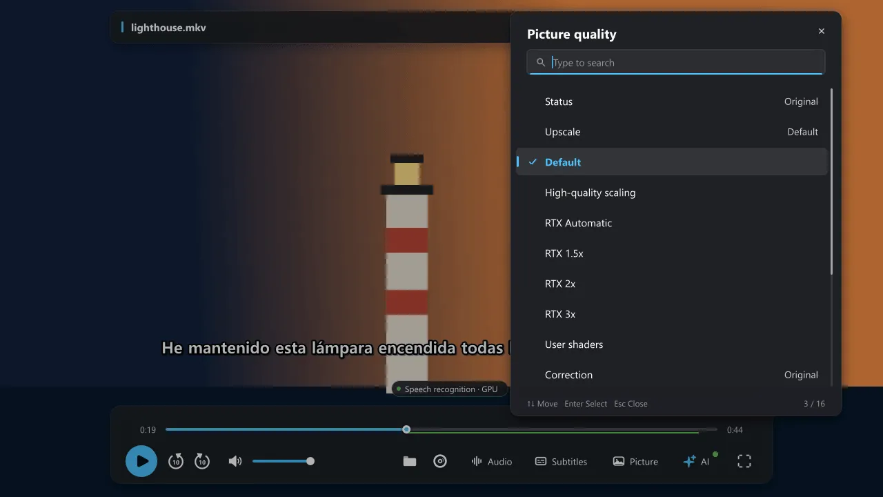 The Picture quality menu opened from the Picture button on the playback bar. Under Upscale it lists Default, High-quality scaling, RTX Automatic, RTX 1.5x, 2x and 3x, and User shaders.